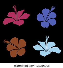 Vector collection of Hawaiian Aloha Shirt hibiscus flowers in brown, blue and pink colors. Vector illustration.