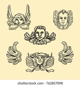  Vector collection of heads of angels with wings in vintage style. A hand-drawn isolated illustration.