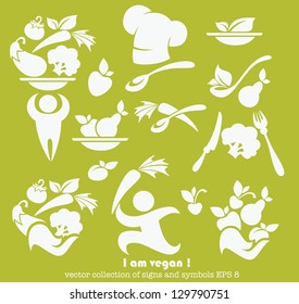 Vector collection of healthy eating and  vegetarian food, white images on green background