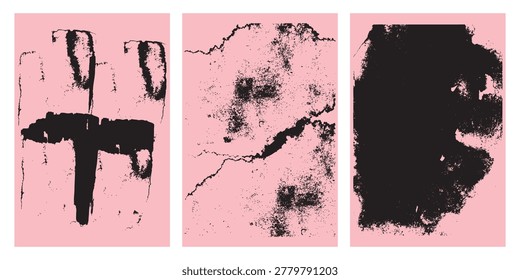 Vector collection of heavy ink spills and cracked surface textures providing rough distressed look for artistic projects.