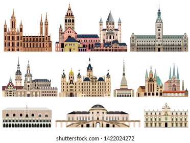 vector collection of high detailed isolated city halls, landmarks, cathedrals, temples, churches, palaces and other city's skyline architectural elements