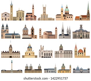 vector collection of high detailed isolated landmarks, cathedrals, temples, churches, palaces and other city's skyline architectural elements