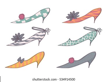 Vector collection of high heels shoes, trendy and fashionable. Set of stilettos with animal pattern, isolated on white background.