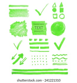 Vector collection of highlighter marker spots and signs, hand drawn decorative symbols, transparent elements isolated on white 