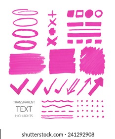 Vector collection of highlighter marker spots and signs, hand drawn decorative symbols, transparent elements isolated on white 