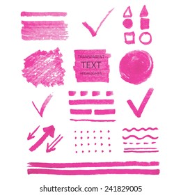 Vector collection of highlighter marker spots and signs, hand drawn decorative symbols, transparent elements isolated on white 