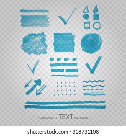 Vector collection of highlighter marker spots and signs, hand drawn decorative symbols, transparent elements on gray grid