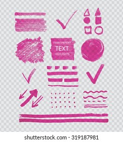 Vector collection of highlighter marker spots and signs, hand drawn decorative symbols, transparent pink elements on gray grid