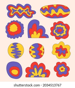 vector collection of hippie shapes to create posters and placards.Floral elements with waves.Abstract templates for patterns.Psychedelic and groove 70s and 80s.Vibrant retro festivals