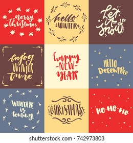 Vector collection of holiday cards with hand-drawn trendy lettering on theme of Christmas, winter, New Year. 