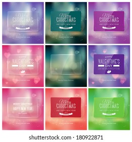 Vector collection of holiday greeting cards. Blurred unfocused bokeh backgrounds. Glossy glass and plastic labels. Christmas, Valentine's day and New Year postcards with vintage typography