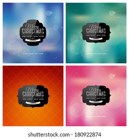 Vector collection of holiday greeting cards. Blurred unfocused photographic style bokeh backgrounds. Black glossy retro labels. Christmas and New Year postcards with vintage typography