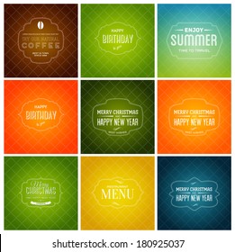 Vector Collection Of Holiday Retro Banners. Christmas And New Year Postcards With Vintage Typography. Bright Background Patterns. Coffee Label, Summer Theme, Restaurant Menu Cover