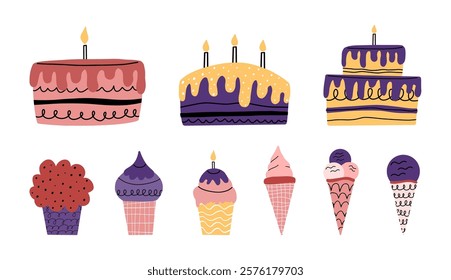 Vector collection of holiday sweets. Cakes, pastries, cupcakes, ice cream. Birthday, Christmas, Easter, Valentine's Day. Cute hand drawn elements isolated on white background