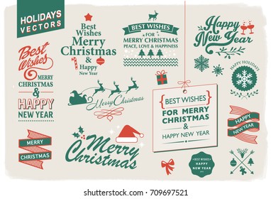 VECTOR COLLECTION FOR THE HOLIDAYS. Christmas and new year wishes. Typographic and graphic design elements. For your graphic projects, printed cads or mail.