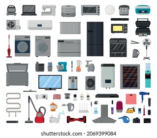 Vector collection of home appliances and electronics. Household equipment.