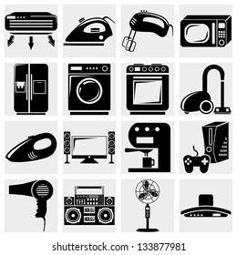 A vector collection of home appliances icons set on gray