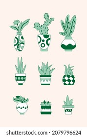 Vector collection of home plants in pots. In flat style