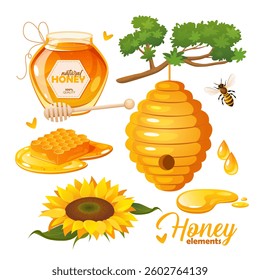 Vector collection of honey products includes honey jar, sunflower, beehive, bee, honeycomb isolated on white background.