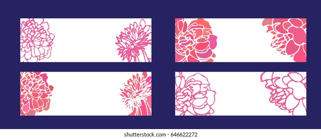 a vector collection of horizontal banners or cards with peony flowers; doodle;  perfect for birthday, valentine's/ women's/ mother's day/ wedding/ other festive event or as an element of your design