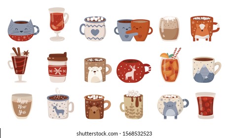 Vector collection of hot drink in a cute mug. Chocolate, coffee, cocoa with marshmallow. Autumn and winter holidays set. Christmas, New Year.