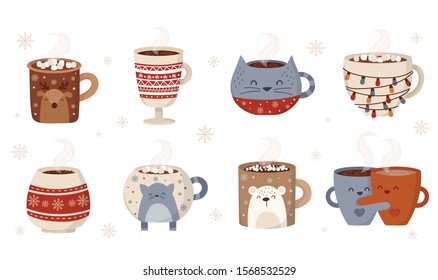 Vector collection of hot drink in a cute mug. Chocolate, coffee, cocoa with marshmallow. Autumn and winter holidays set. Christmas, New Year.