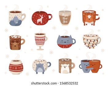 Vector collection of hot drink in a cute mug. Chocolate, coffee, cocoa with marshmallow. Autumn and winter holidays set. Christmas, New Year.