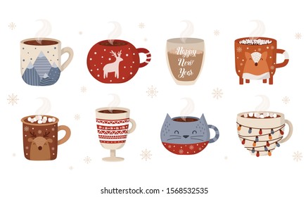 Vector collection of hot drink in a cute mug. Chocolate, coffee, cocoa with marshmallow. Autumn and winter holidays set. Christmas, New Year.