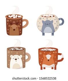 Vector collection of hot drink in a cute mug. Chocolate, coffee, cocoa with marshmallow. Autumn and winter holidays set. Christmas, New Year.