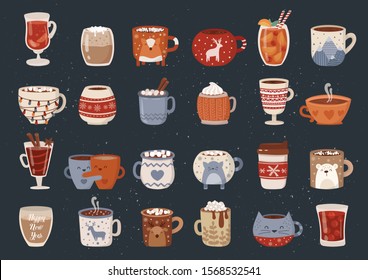 Vector collection of hot drink in a cute mug. Chocolate, coffee, cocoa with marshmallow. Autumn and winter holidays set. Christmas, New Year.