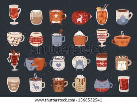 Vector collection of hot drink in a cute mug. Chocolate, coffee, cocoa with marshmallow. Autumn and winter holidays set. Christmas, New Year.