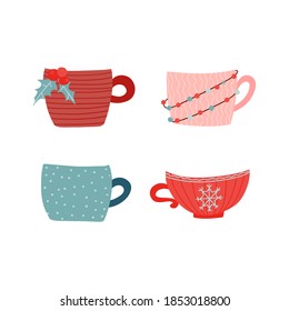 Vector collection of hot drinkcups and mugs. Autumn and winter holidays. Empty dishes. Vector flat cartoon illustration isolated on white background