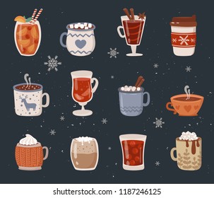 Vector collection of hot drinks. Hot chocolate, coffee, cocoa with whipped cream and marshmallow, mulled wine. Autumn and winter holidays