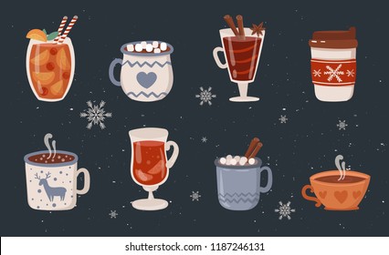 Vector collection of hot drinks. Hot chocolate, coffee, cocoa with whipped cream and marshmallow, mulled wine. Autumn and winter holidays