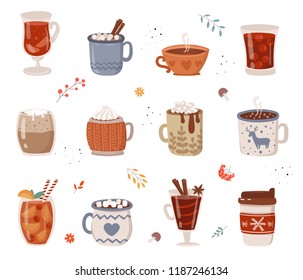 Vector collection of hot drinks. Hot chocolate, coffee, cocoa with whipped cream and marshmallow, mulled wine. Autumn and winter holidays