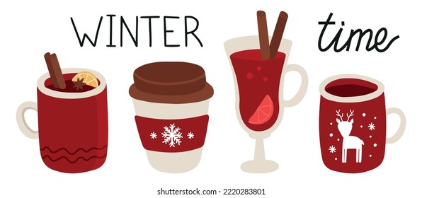 Vector collection of hot drinks. Hot chocolate, coffee and mulled wine. Winter holidays time