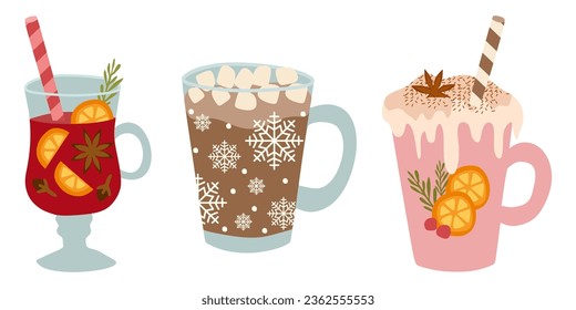 Vector Collection of Hot Winter drinks. Hot chocolate, Coffee, Cocoa with Whipped cream and Marshmallow, Mulled wine. Autumn and winter holidays decoration. Isolated vector Flat style illustration.