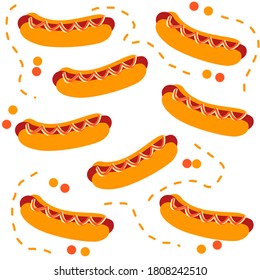 vector collection of hotdogs and brown dotted line. can be used as wallpaper and background.