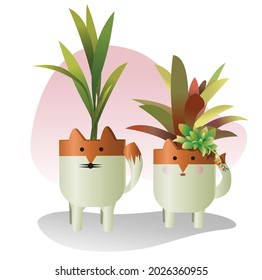 
colección vectorial de plantas de la casa con adorables macetas de flores de animales, olla de la pareja de zorros, creativo y hermoso decore de la jungla urbana