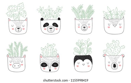 Vector collection of house plants in funny animal pots. Adorable objects on background. Valentine's day, anniversary, baby shower, birthday