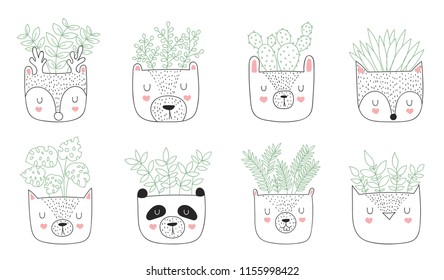 Vector collection of house plants in funny animal pots. Adorable objects on background. Valentine's day, anniversary, baby shower, birthday