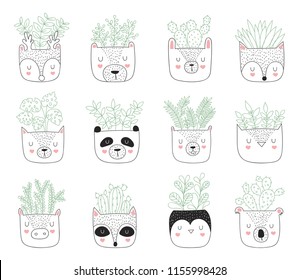 Vector collection of house plants in funny animal pots. Adorable objects on background. Valentine's day, anniversary, baby shower, birthday