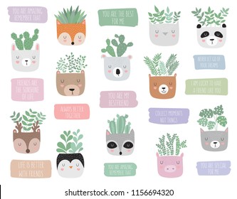 Vector collection of house plants in funny animal pots and motivational slogans. Adorable objects on background, pastel colors. Valentine's day, anniversary, baby shower, birthday