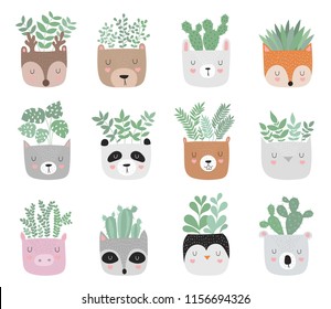 Vector collection of house plants in funny animal pots. Adorable objects on background, pastel colors. Valentine's day, anniversary, baby shower, birthday