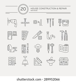 Colección de vectores de iconos de reparación de la casa, incluyendo herramientas eléctricas, de fontanería. Etiquetas modernas de estilo lineal con equipo y elementos de remodelación de la casa. Edificio, diseño gráfico de construcción. Herramientas de reparación.