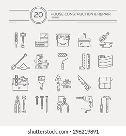 Vector collection of house repair icons, including saw, hammer, screwdriver, drill and other tools.Modern line style labels of house remodel gear and elmenets. Building, conctruction graphic elements.