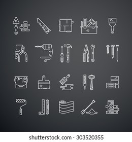 Vector collection of house repair icons, including saw, hammer, screwdriver, drill and other tools. Modern line style labels of house remodel gear. Building, conctruction graphic design elements.