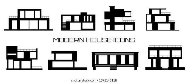 Vector collection of house villa cottage modern building icons. Black and white icons for logo of architecture and design business. Modern silhouette of real estate.