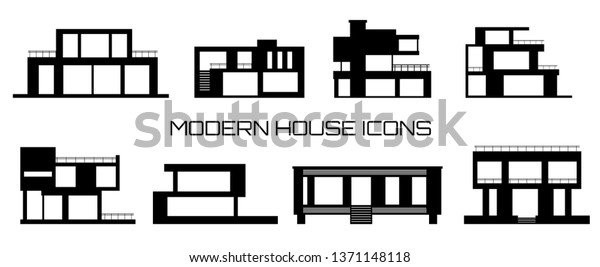 家の別荘のコテージモダンな建物アイコンのベクター画像コレクション アーキテクチャーとデザインビジネスのロゴ用の白黒のアイコン 現代の不動産のシルエット のベクター画像素材 ロイヤリティフリー