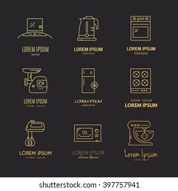 Vector collection of household icons. House appliances and home gear symbols. Fridge, mincer, stove, mixer and other home gear.